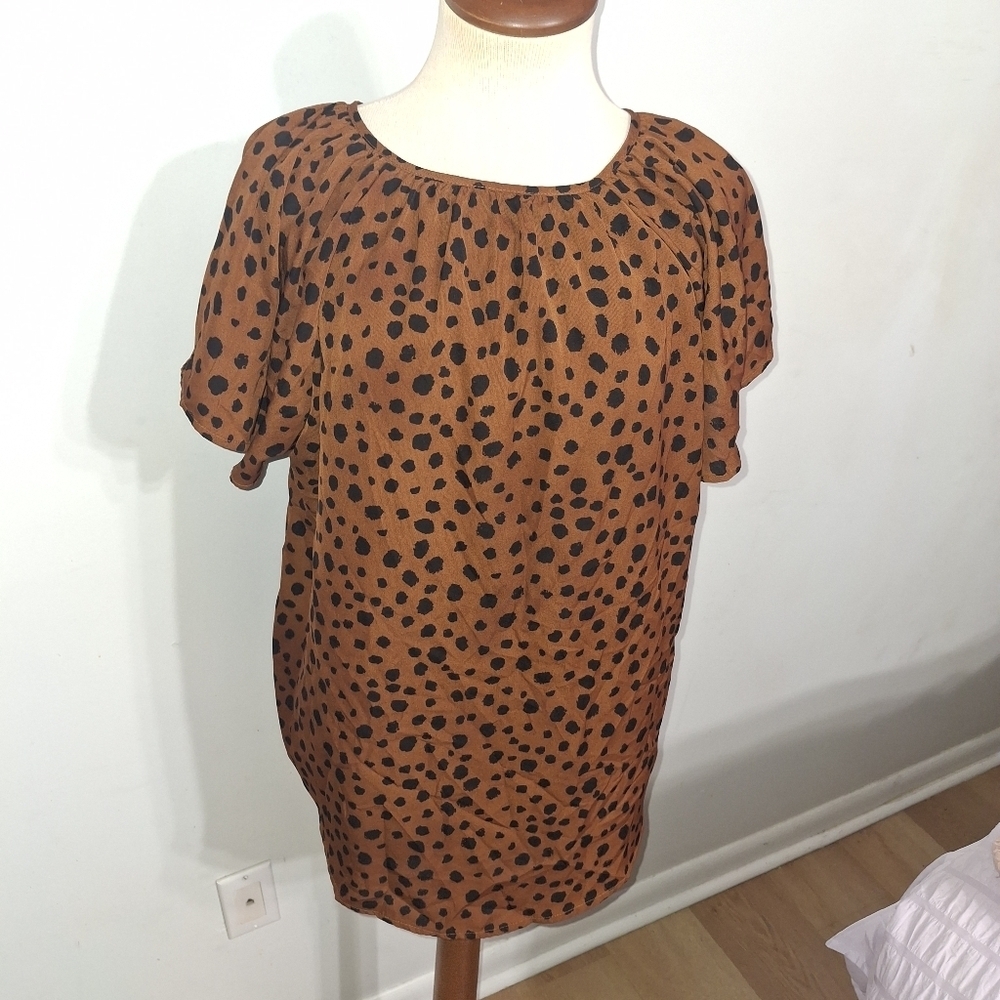 Brown w Black Print- Short Sleeve Blouse- W Sz Large